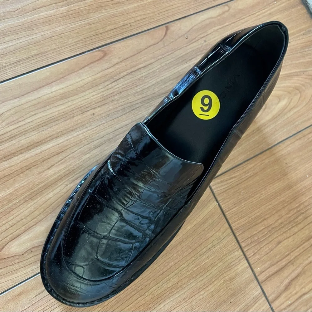 Vince Black Loafers Block Heel Croc Embossed